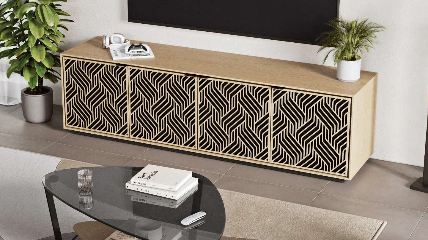 elements 8703 TV stand storage credenza constellation BDI furniture rolling base washed oak 1440 2 1